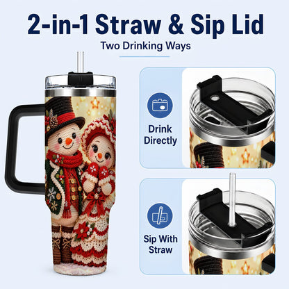 #pl[Black] Crochet Snowman Couple 40oz Tumbler with Handle, Christmas Knit Art