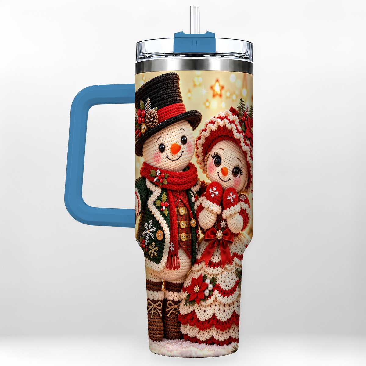 #pl[Blue] Crochet Snowman Couple 40oz Tumbler with Handle, Christmas Knit Art