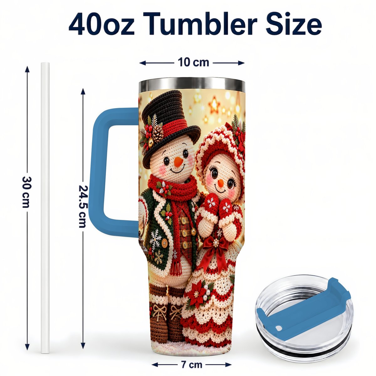 #pl[Blue] Crochet Snowman Couple 40oz Tumbler with Handle, Christmas Knit Art