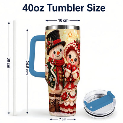 #pl[Blue] Crochet Snowman Couple 40oz Tumbler with Handle, Christmas Knit Art