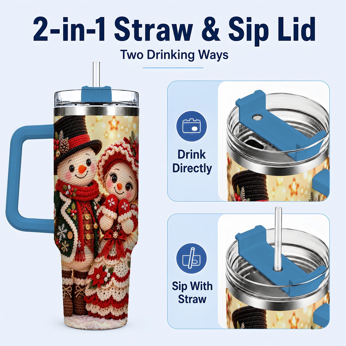 #pl[Blue] Crochet Snowman Couple 40oz Tumbler with Handle, Christmas Knit Art
