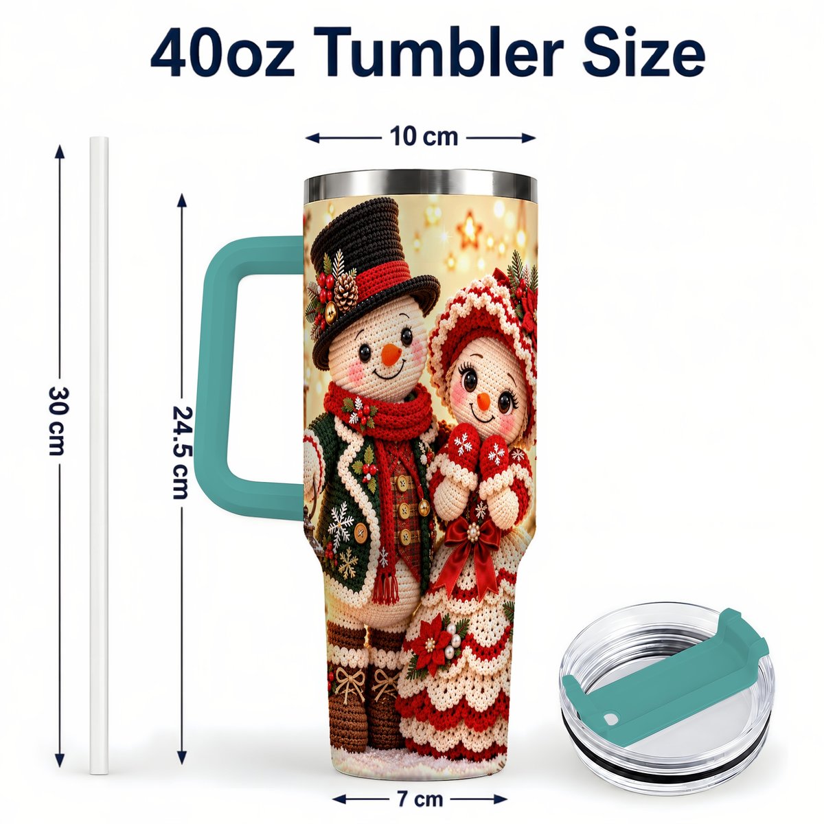 #pl[Green] Crochet Snowman Couple 40oz Tumbler with Handle, Christmas Knit Art