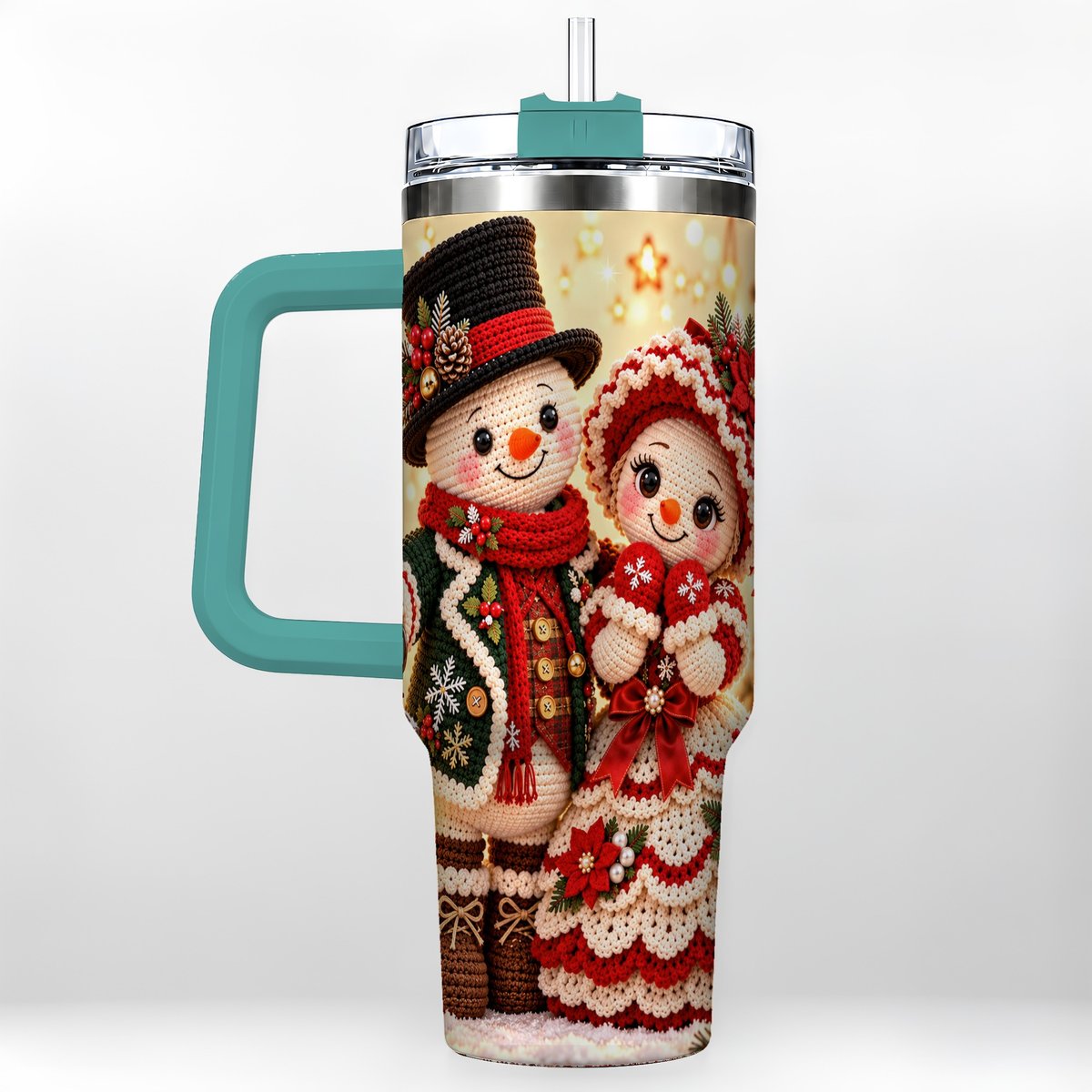 #pl[Green] Crochet Snowman Couple 40oz Tumbler with Handle, Christmas Knit Art