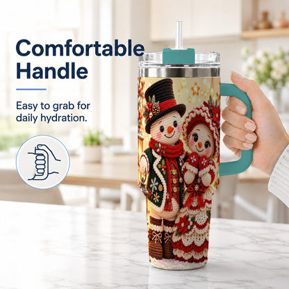#pl[Green] Crochet Snowman Couple 40oz Tumbler with Handle, Christmas Knit Art