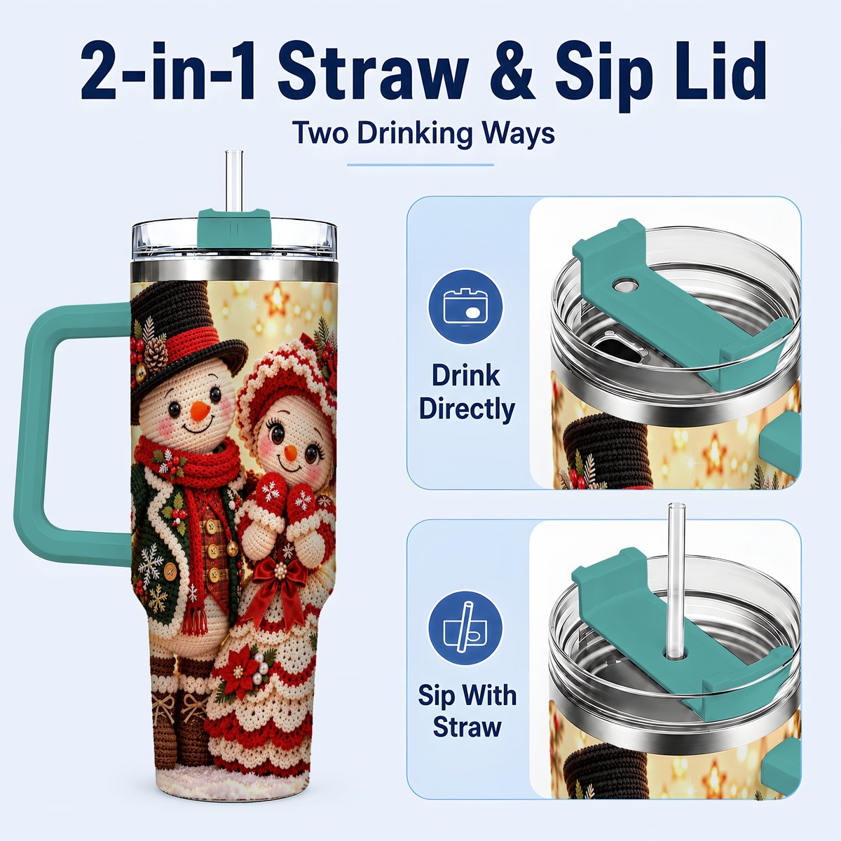 #pl[Green] Crochet Snowman Couple 40oz Tumbler with Handle, Christmas Knit Art