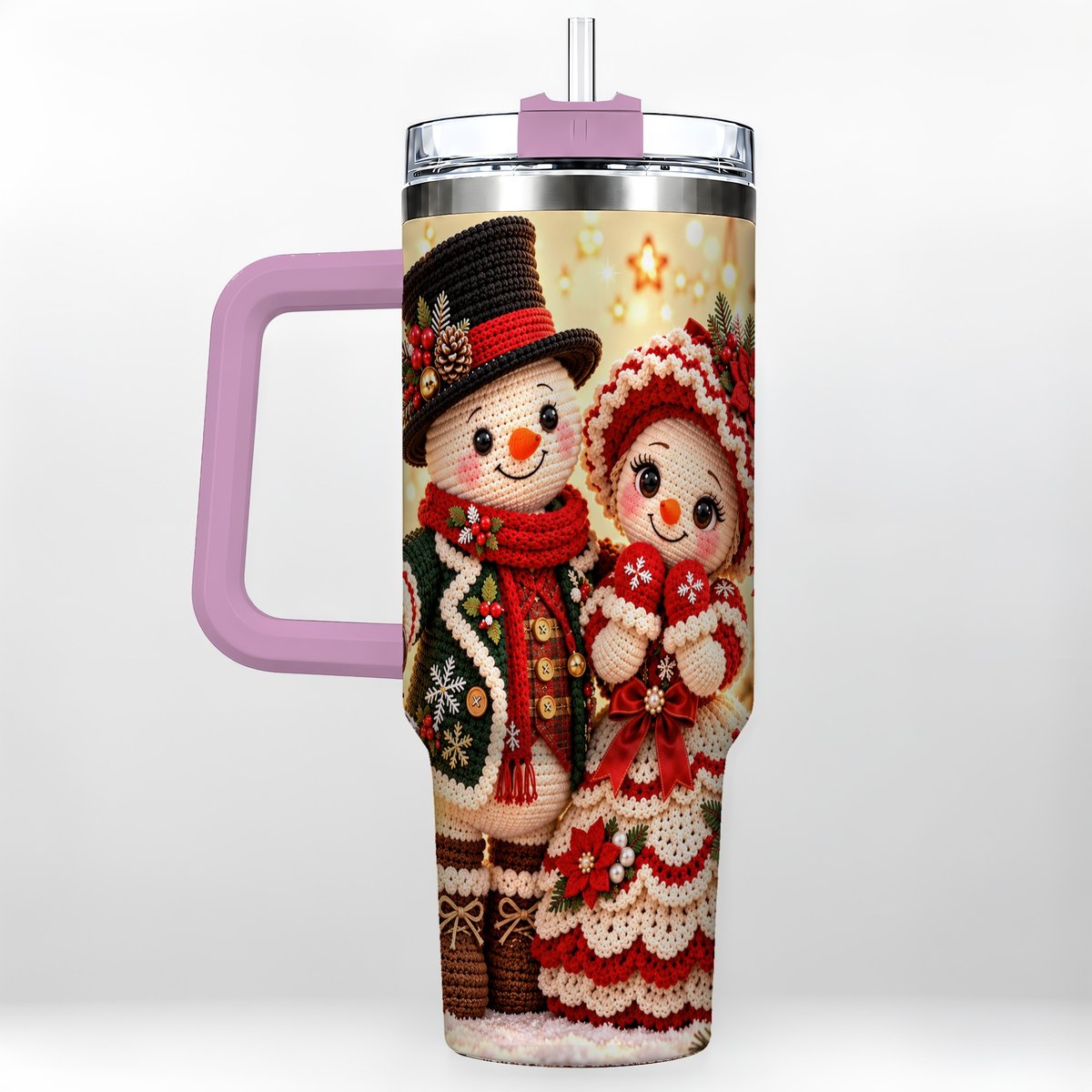 #pl[Pink] Crochet Snowman Couple 40oz Tumbler with Handle, Christmas Knit Art