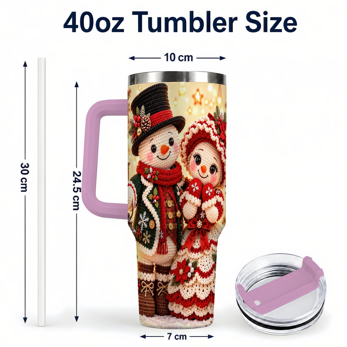 #pl[Pink] Crochet Snowman Couple 40oz Tumbler with Handle, Christmas Knit Art