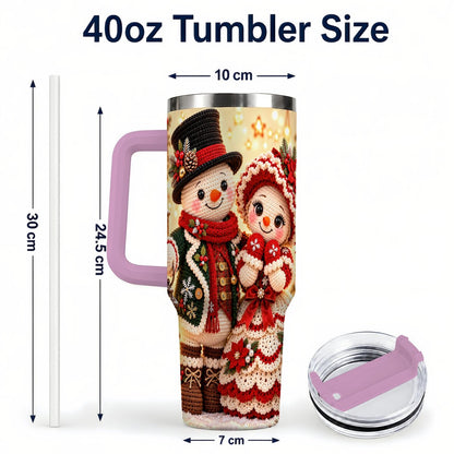 #pl[Pink] Crochet Snowman Couple 40oz Tumbler with Handle, Christmas Knit Art