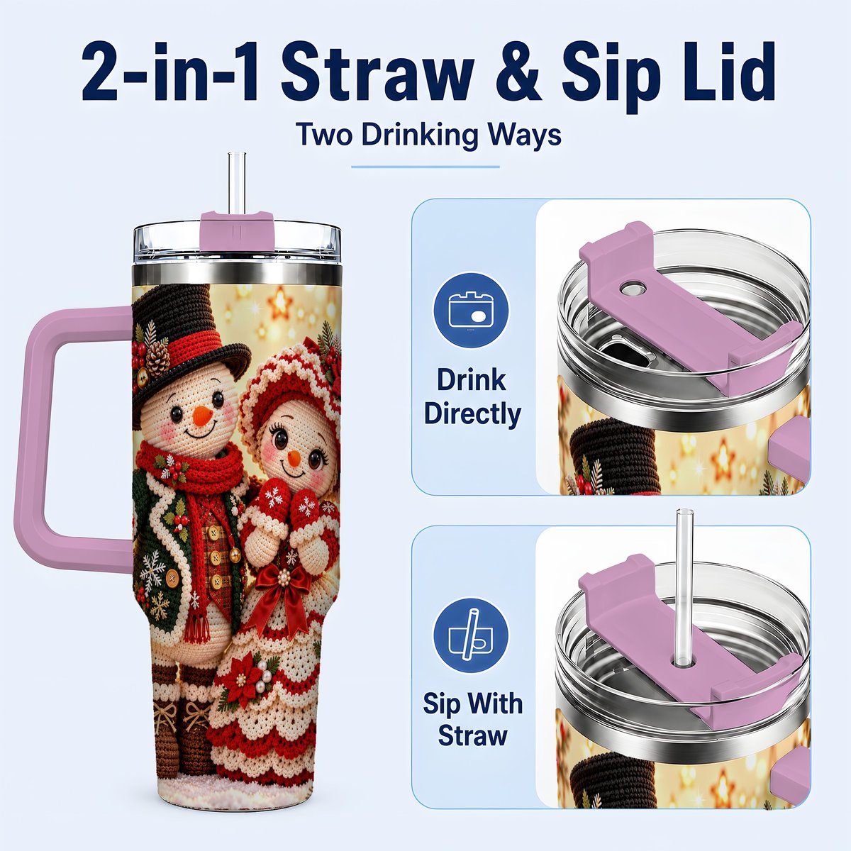 #pl[Pink] Crochet Snowman Couple 40oz Tumbler with Handle, Christmas Knit Art