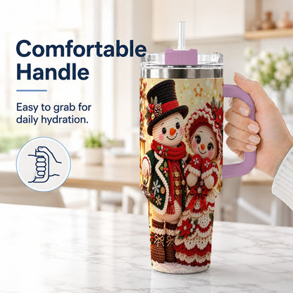 #pl[Pink] Crochet Snowman Couple 40oz Tumbler with Handle, Christmas Knit Art
