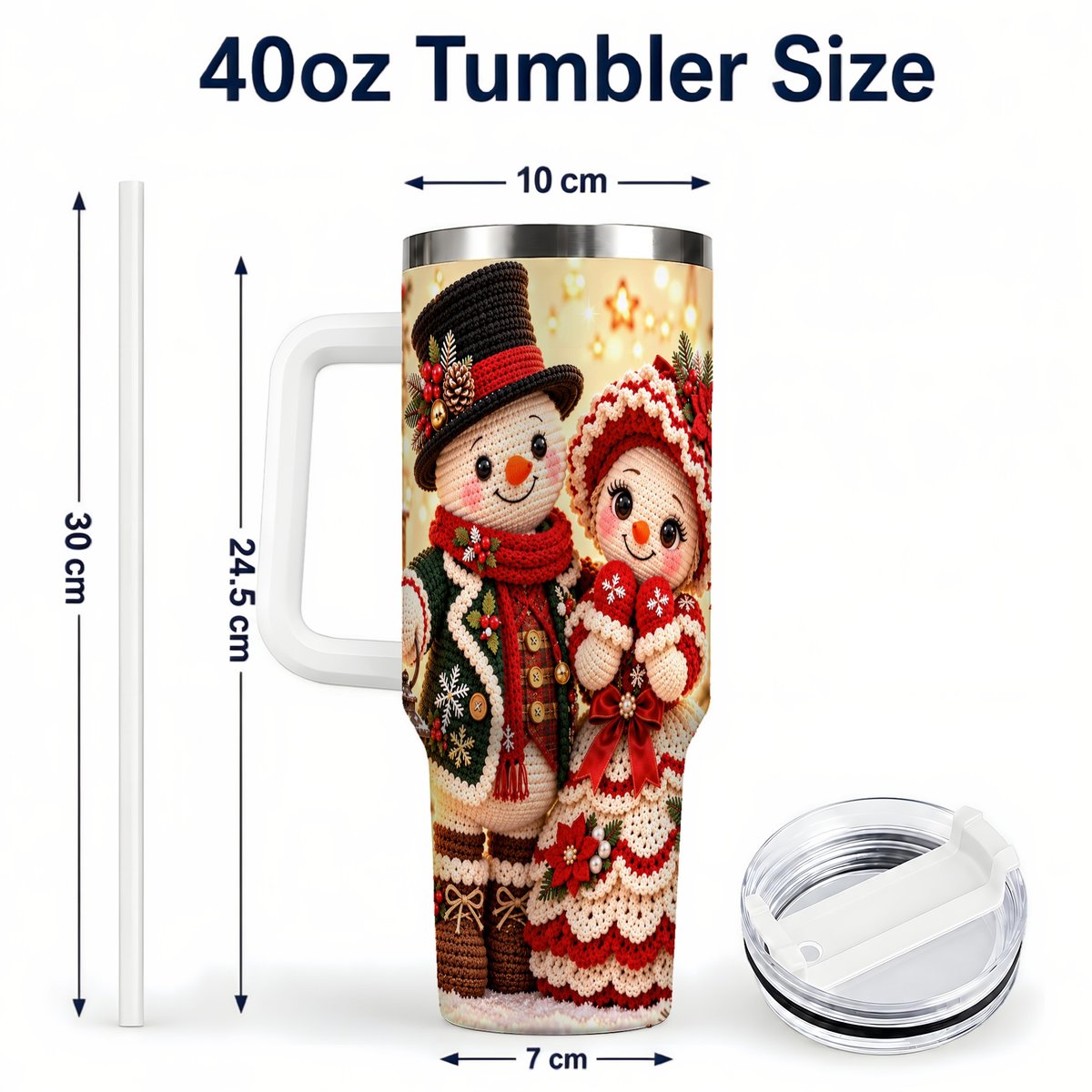 #pl[White] Crochet Snowman Couple 40oz Tumbler with Handle, Christmas Knit Art