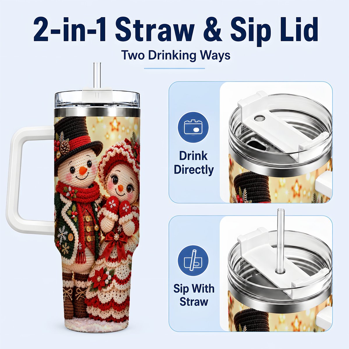 #pl[White] Crochet Snowman Couple 40oz Tumbler with Handle, Christmas Knit Art