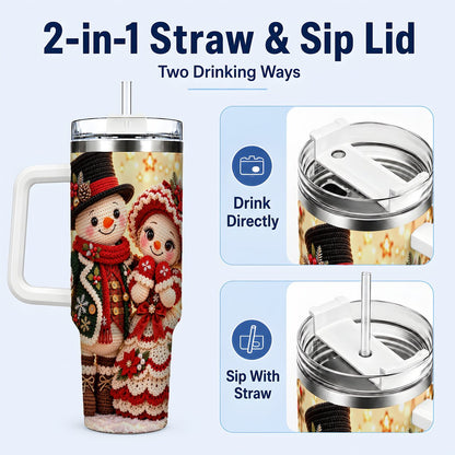 #pl[White] Crochet Snowman Couple 40oz Tumbler with Handle, Christmas Knit Art