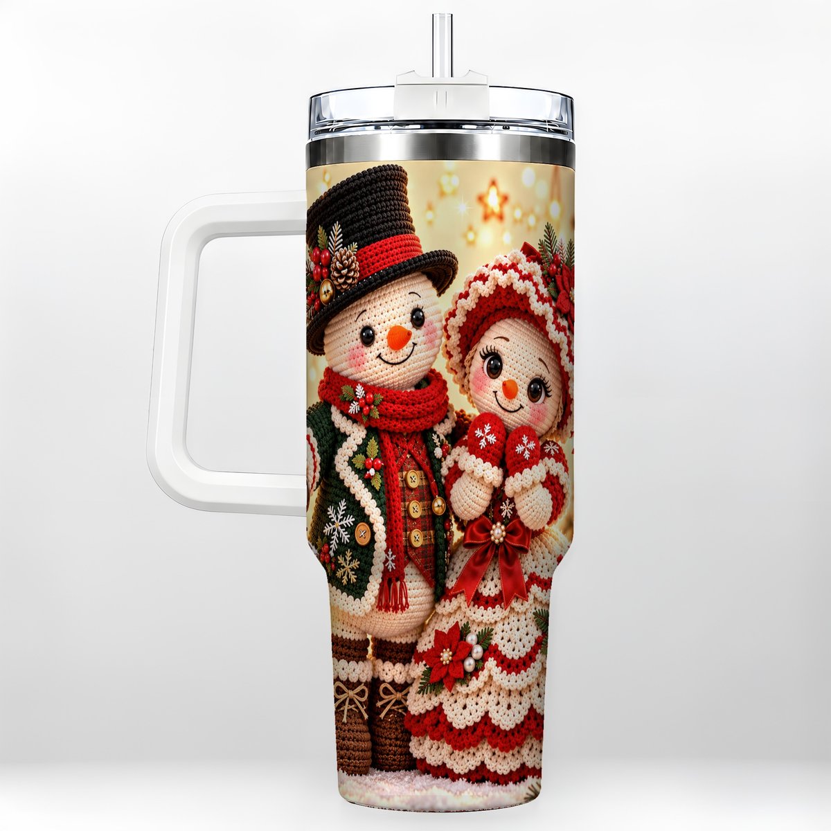 Crochet Snowman Couple 40oz Tumbler with Handle, Christmas Knit Art