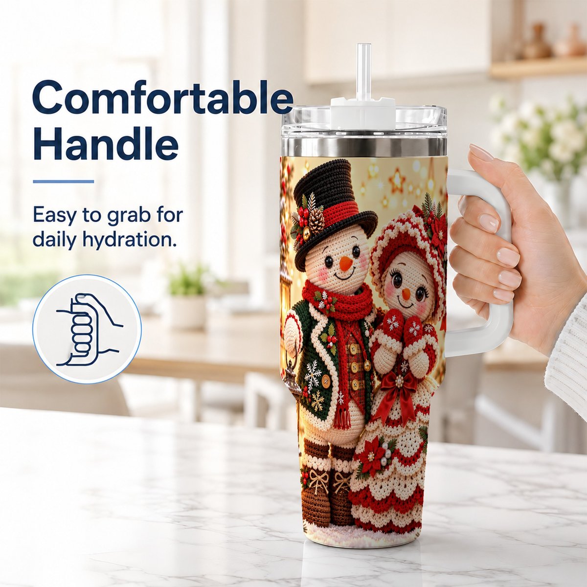 #pl[White] Crochet Snowman Couple 40oz Tumbler with Handle, Christmas Knit Art
