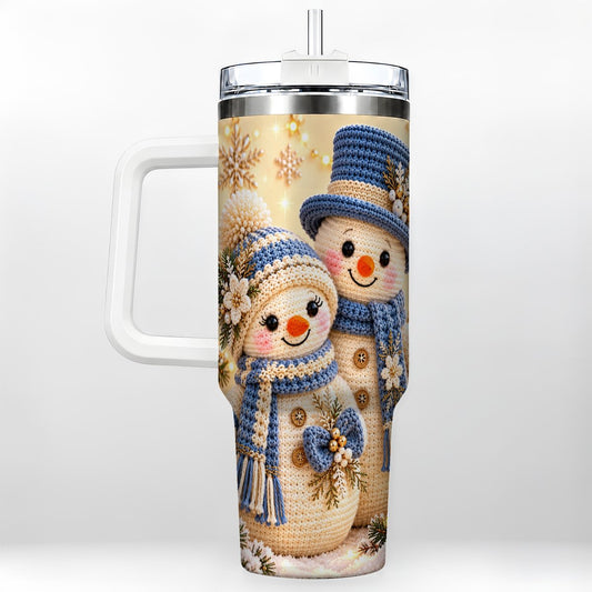 Blue Crochet Snowmen 40oz Tumbler with Handle, Winter Knit Art