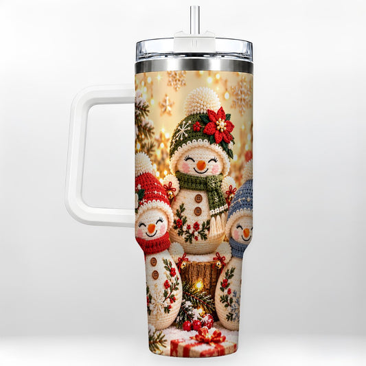 Crochet Snowman Trio 40oz Tumbler with Handle, Festive Winter Art