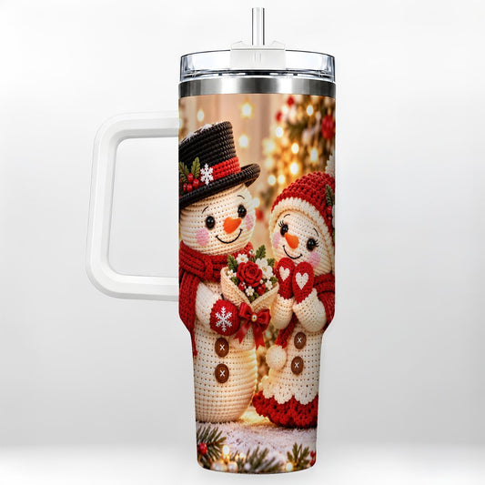 Romantic Snowmen 40oz Tumbler with Handle, Crochet Holiday Art