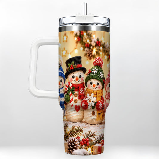 Crochet Snowman Family 40oz Tumbler with Handle, Christmas Knit Art