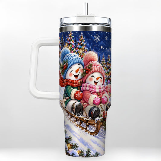 Snowman Sled Ride 40oz Tumbler with Handle, Christmas Night Scene