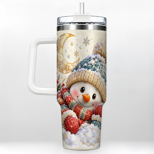 Cozy Snowman 40oz Tumbler with Handle, Crescent Moon Winter Art