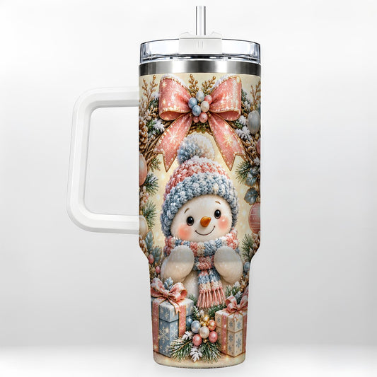 Snowman Wreath 40oz Tumbler with Handle, Pastel Christmas Art