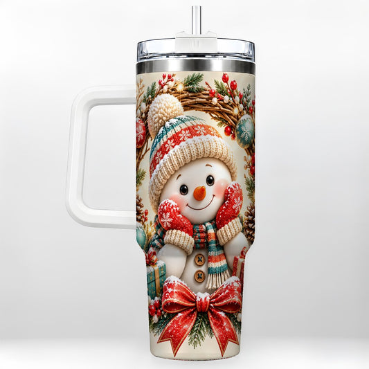 Holiday Snowman 40oz Tumbler with Handle, Evergreen Wreath Art