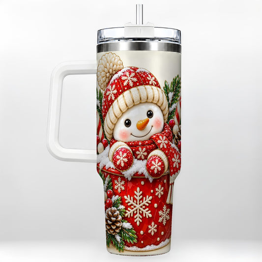 Snowman Red Cup 40oz Tumbler with Handle, Candy Cane Winter Art