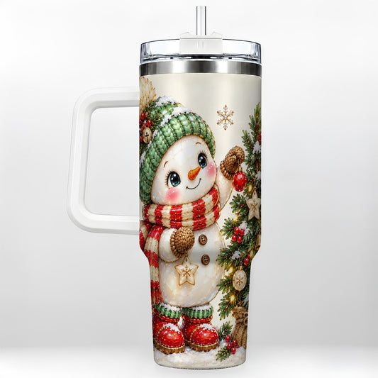 Porcelain Style Snowman 40oz Tumbler with Handle, Christmas Tree Art