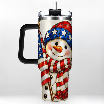 #pl[Black] Patriotic Snowman 40oz Tumbler with Handle, American Flag Winter Art