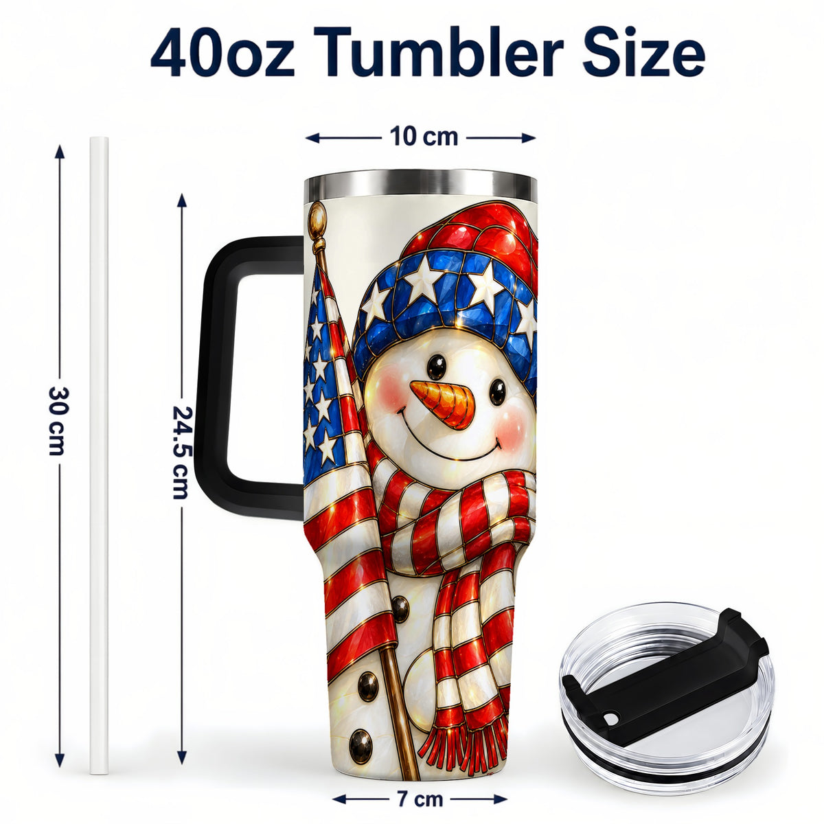 #pl[Black] Patriotic Snowman 40oz Tumbler with Handle, American Flag Winter Art