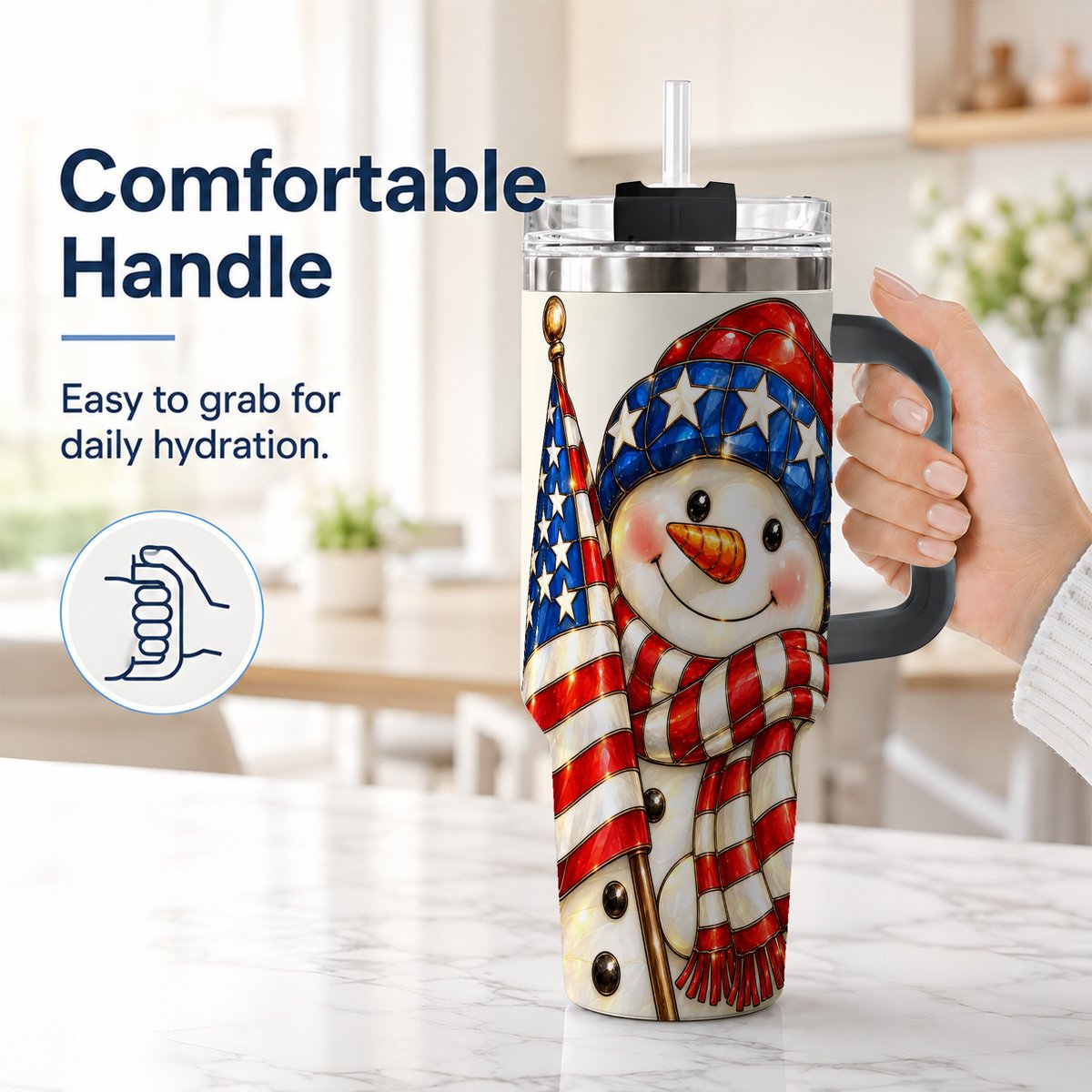 #pl[Black] Patriotic Snowman 40oz Tumbler with Handle, American Flag Winter Art