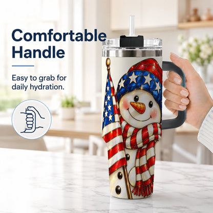 #pl[Black] Patriotic Snowman 40oz Tumbler with Handle, American Flag Winter Art