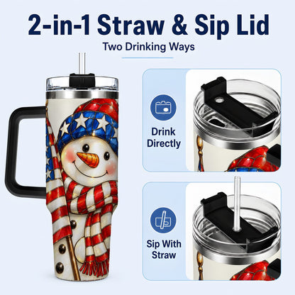 #pl[Black] Patriotic Snowman 40oz Tumbler with Handle, American Flag Winter Art