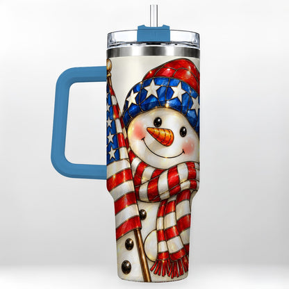 #pl[Blue] Patriotic Snowman 40oz Tumbler with Handle, American Flag Winter Art