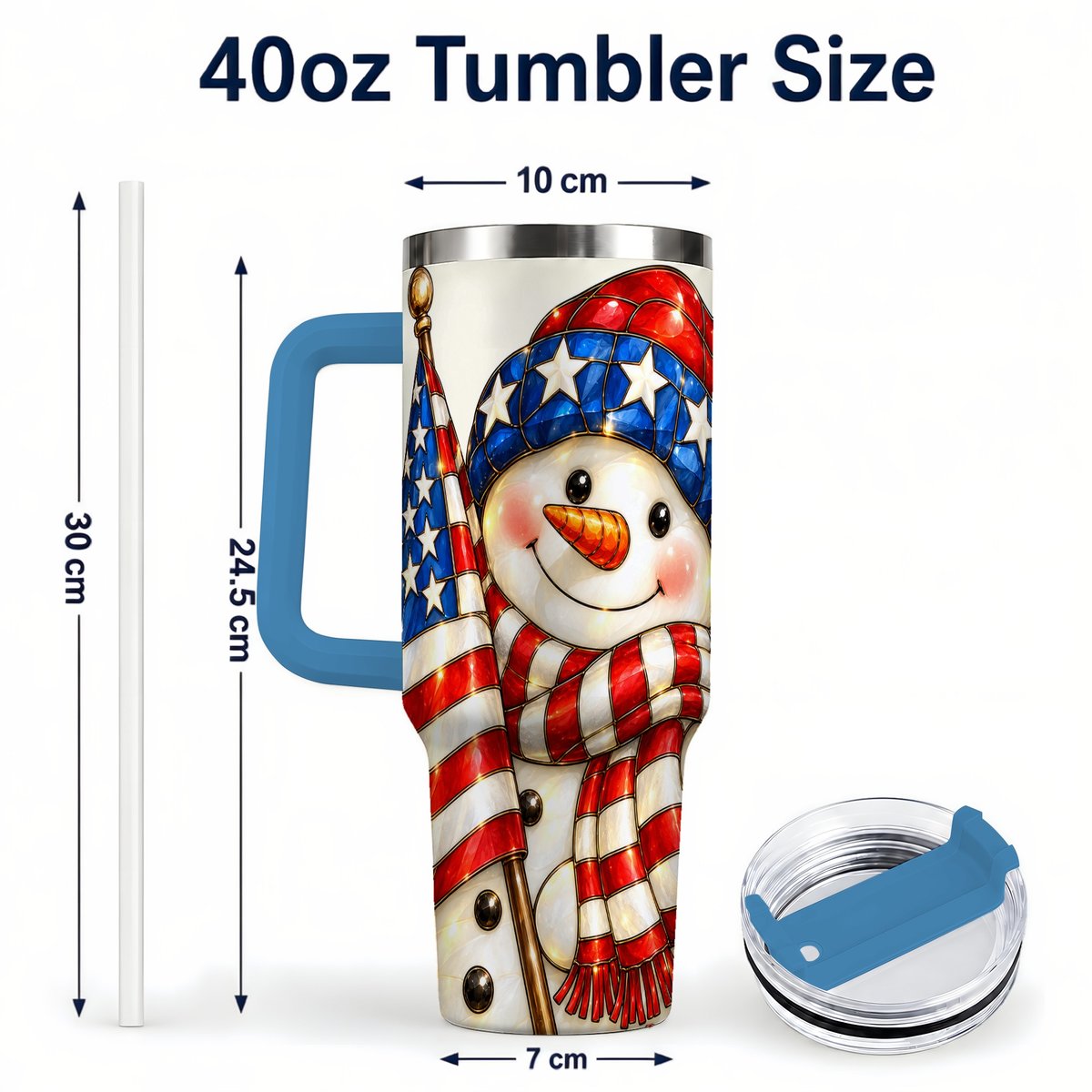 #pl[Blue] Patriotic Snowman 40oz Tumbler with Handle, American Flag Winter Art