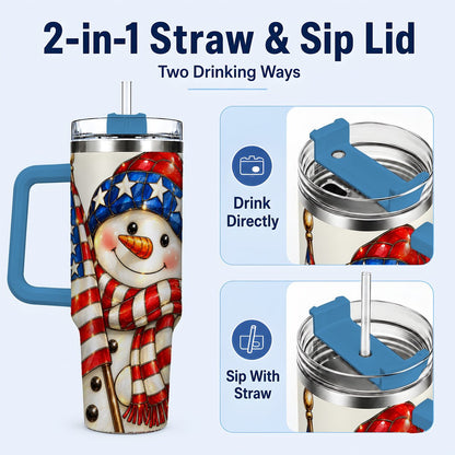 #pl[Blue] Patriotic Snowman 40oz Tumbler with Handle, American Flag Winter Art