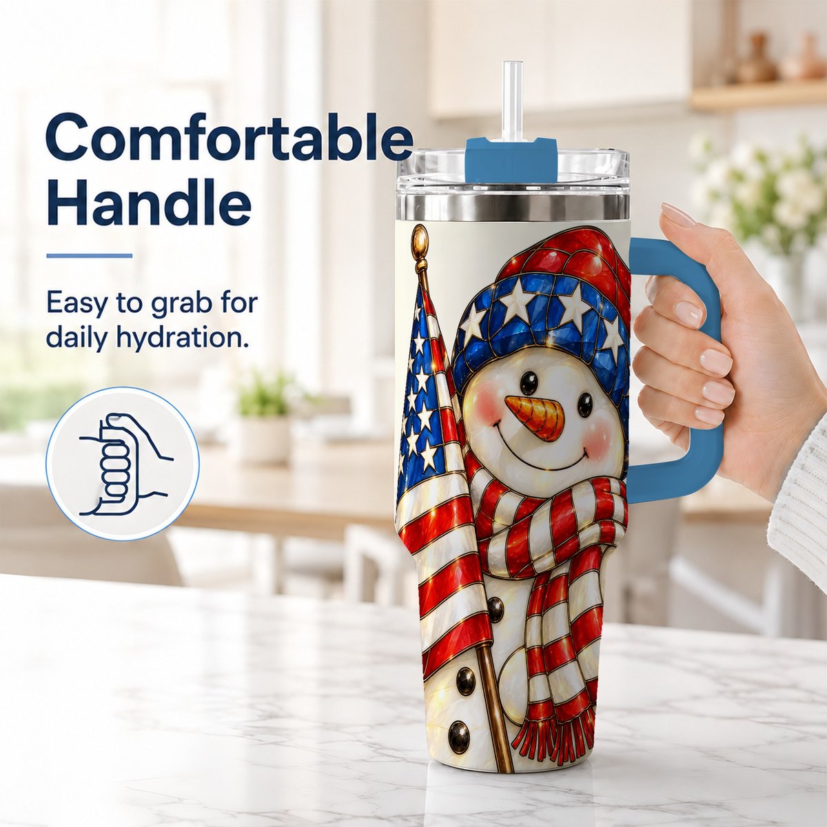 #pl[Blue] Patriotic Snowman 40oz Tumbler with Handle, American Flag Winter Art