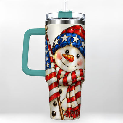 #pl[Green] Patriotic Snowman 40oz Tumbler with Handle, American Flag Winter Art