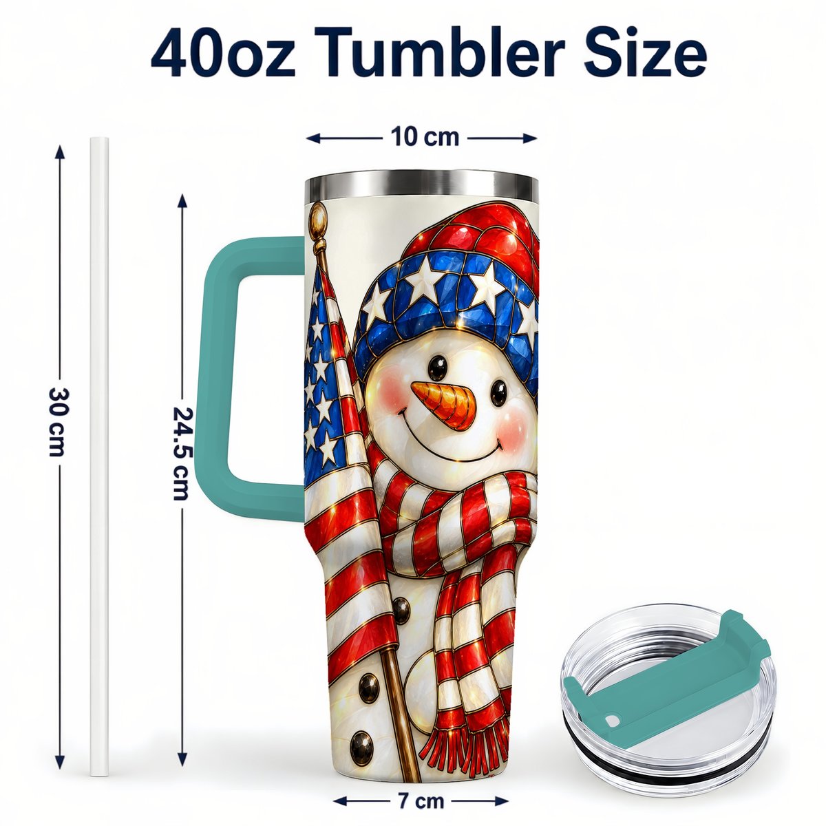#pl[Green] Patriotic Snowman 40oz Tumbler with Handle, American Flag Winter Art