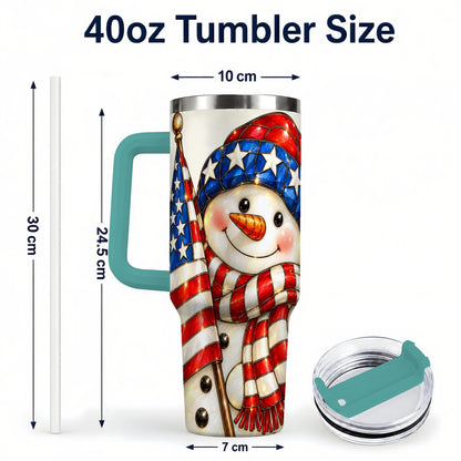 #pl[Green] Patriotic Snowman 40oz Tumbler with Handle, American Flag Winter Art