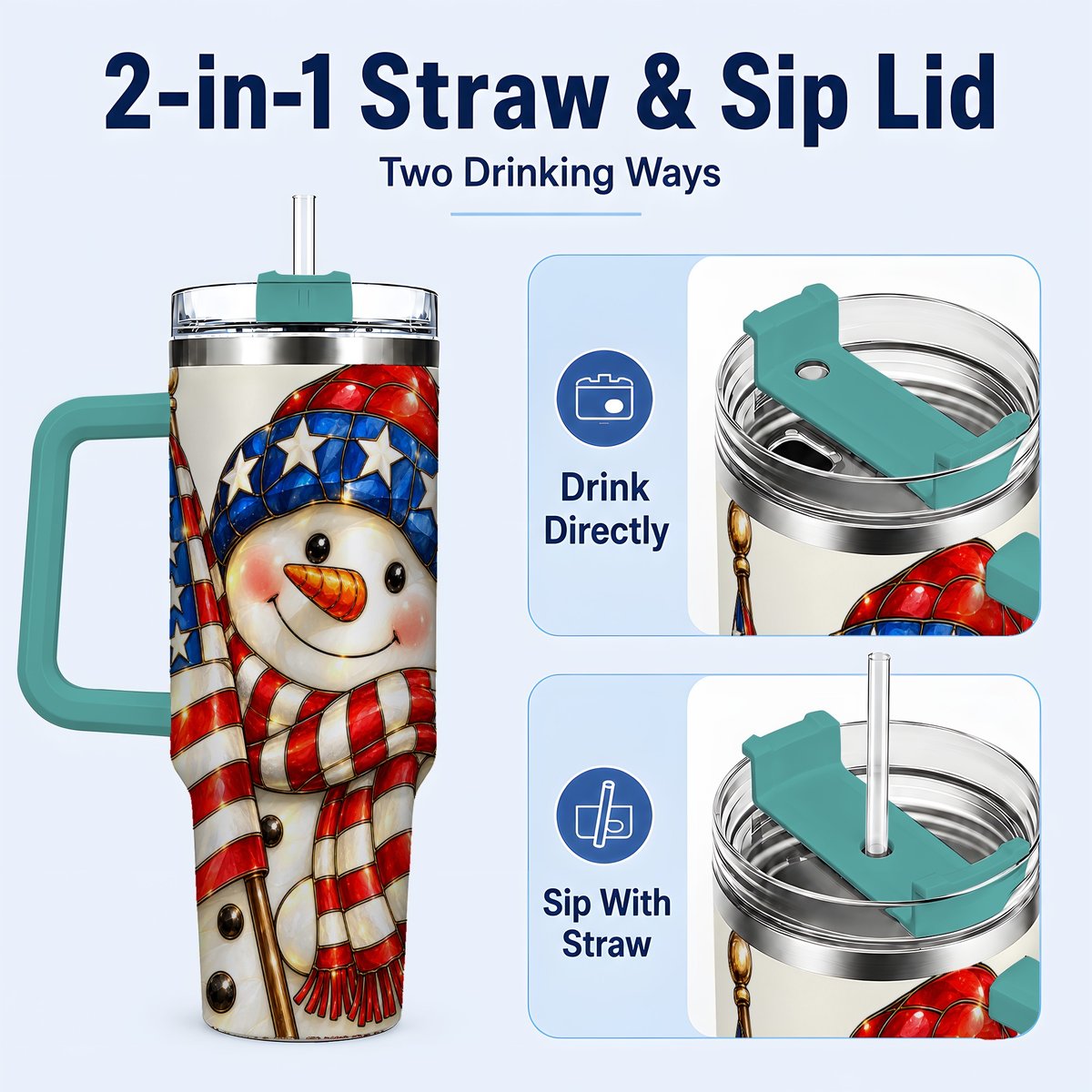 #pl[Green] Patriotic Snowman 40oz Tumbler with Handle, American Flag Winter Art