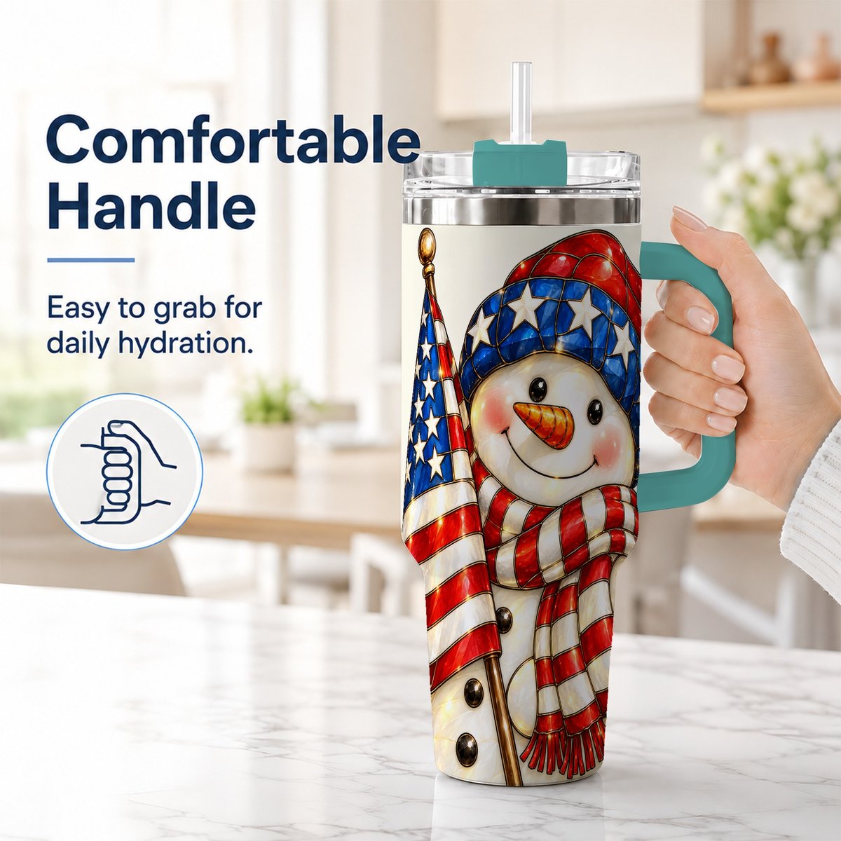#pl[Green] Patriotic Snowman 40oz Tumbler with Handle, American Flag Winter Art