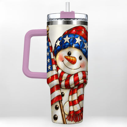 #pl[Pink] Patriotic Snowman 40oz Tumbler with Handle, American Flag Winter Art