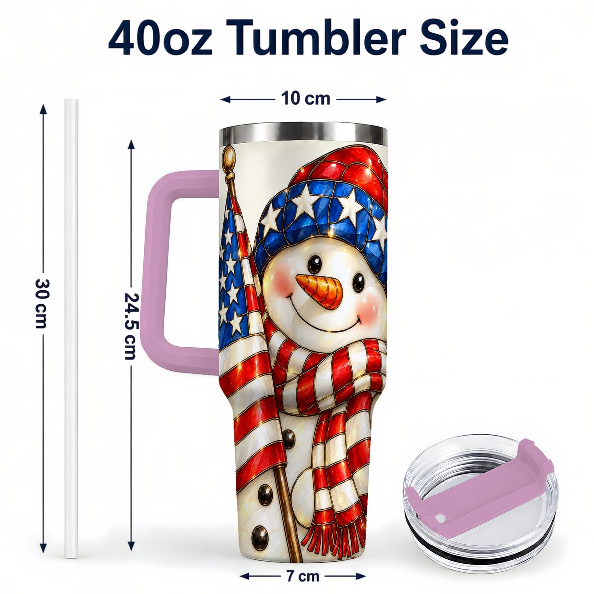 #pl[Pink] Patriotic Snowman 40oz Tumbler with Handle, American Flag Winter Art