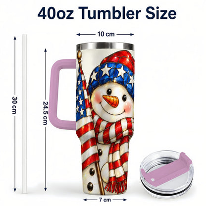 #pl[Pink] Patriotic Snowman 40oz Tumbler with Handle, American Flag Winter Art