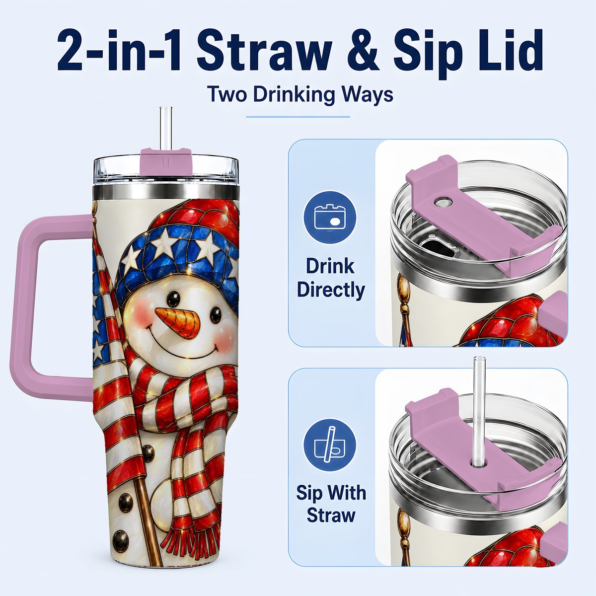 #pl[Pink] Patriotic Snowman 40oz Tumbler with Handle, American Flag Winter Art