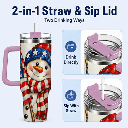 #pl[Pink] Patriotic Snowman 40oz Tumbler with Handle, American Flag Winter Art