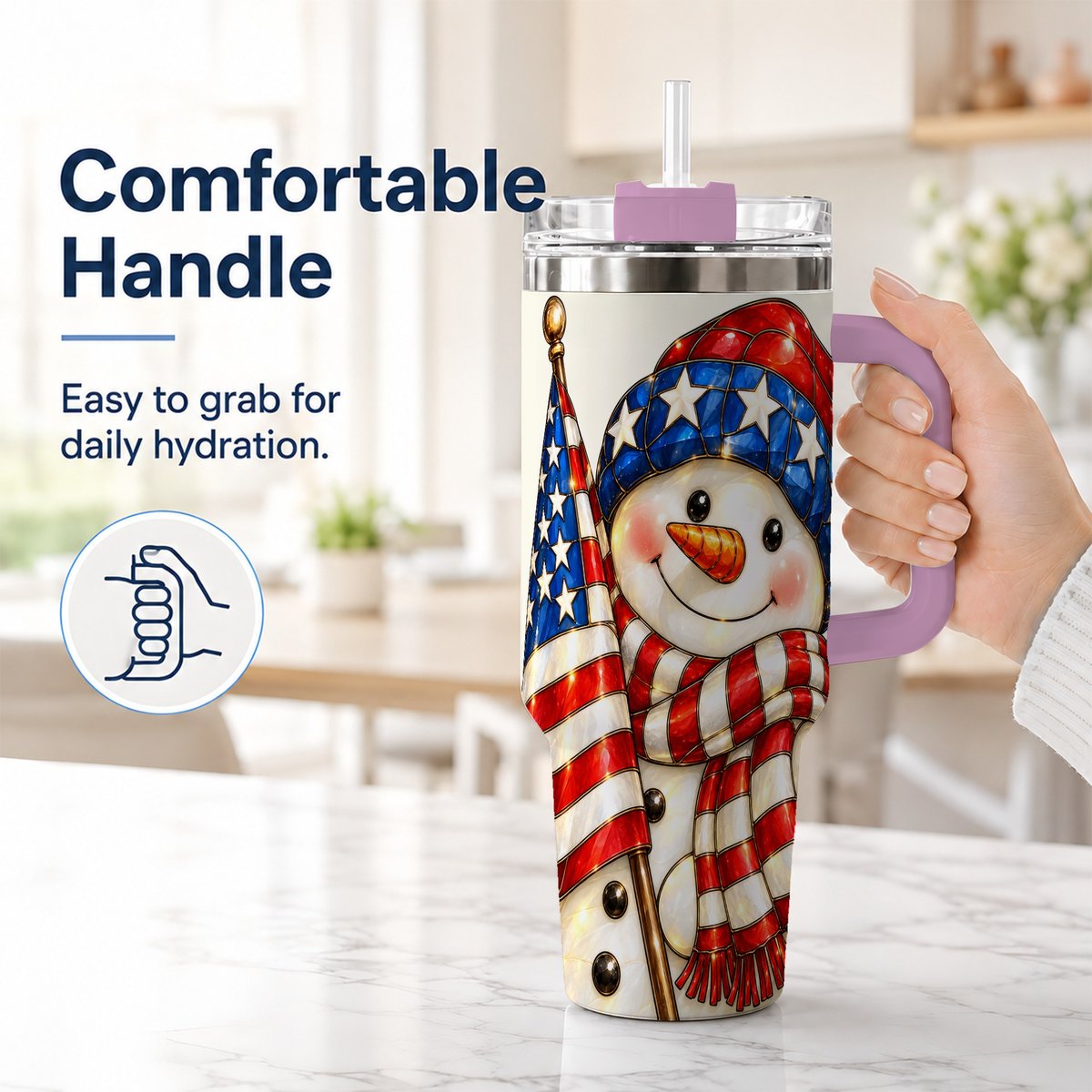 #pl[Pink] Patriotic Snowman 40oz Tumbler with Handle, American Flag Winter Art