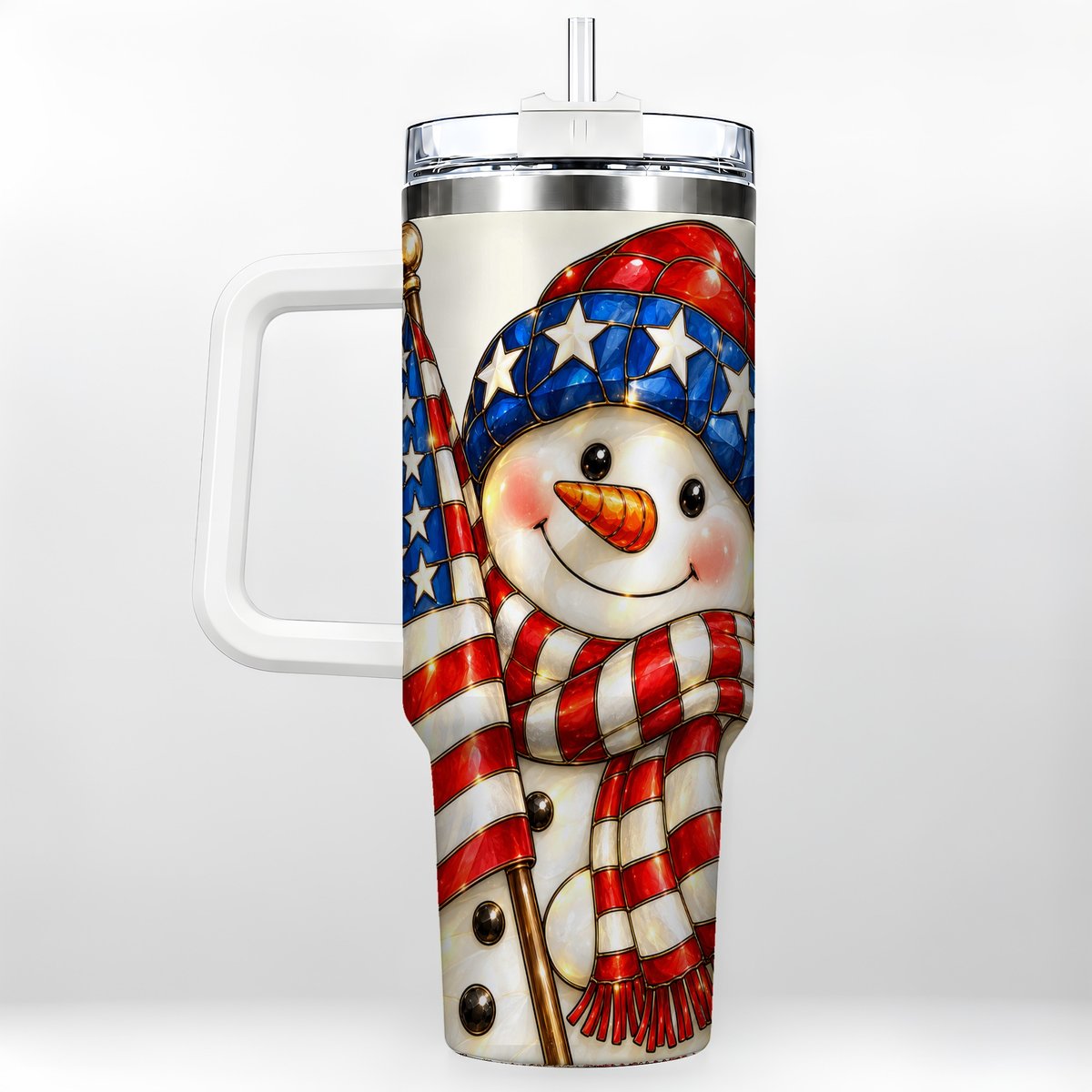 Patriotic Snowman 40oz Tumbler with Handle, American Flag Winter Art